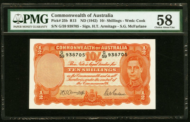 Australia Commonwealth of Australia 10 Shillings ND (1942) Pick 25b PMG Choice A...