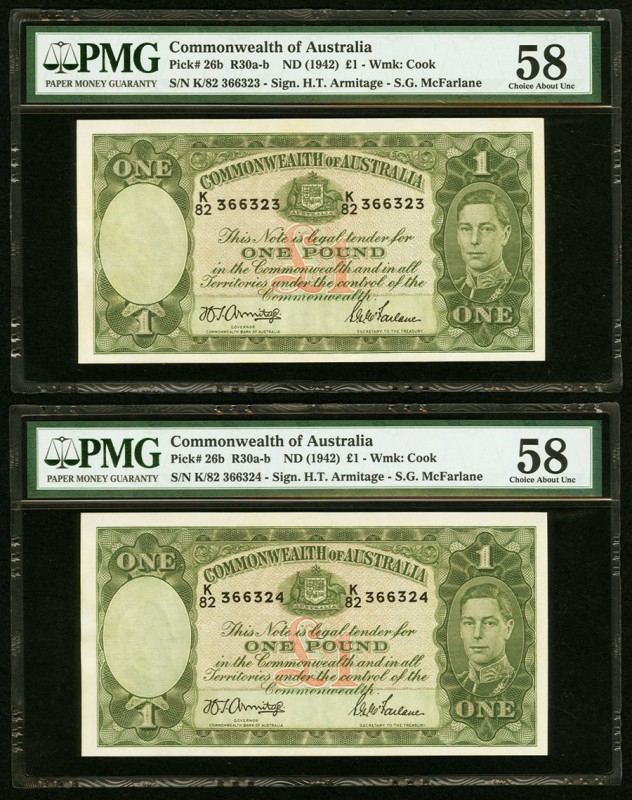 Australia Commonwealth of Australia 1 Pound ND (1942) Pick 26b Two Consecutive E...