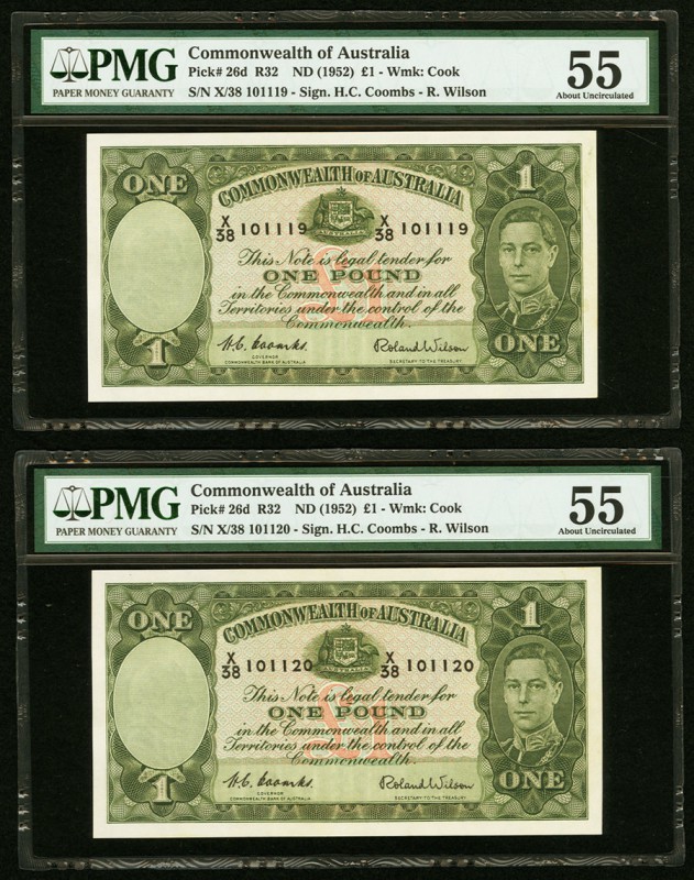 Australia Commonwealth of Australia 1 Pound ND (1952) Pick 26d Two Consecutive E...