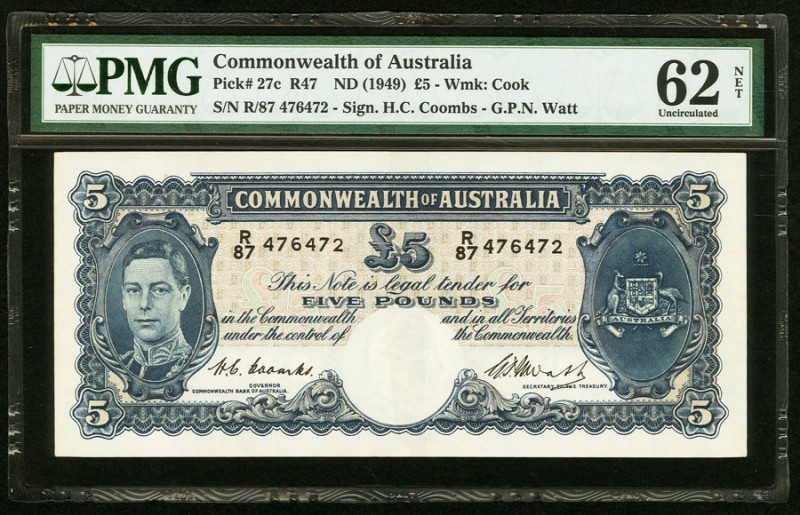 Australia Commonwealth of Australia 5 Pounds ND (1949) Pick 27c PMG Uncirculated...