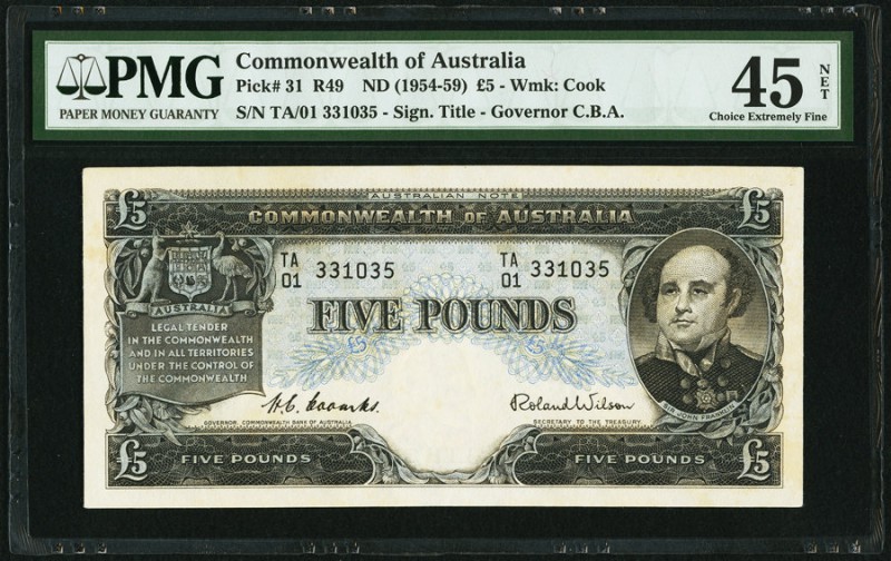 Australia Commonwealth Bank of Australia 5 Pounds ND (1954-59) Pick 31 R49 PMG C...