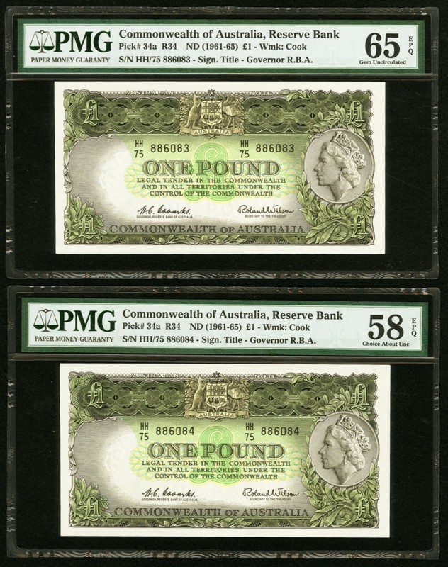 Australia Reserve Bank of Australia 1 Pound ND (1961-65) Pick 34a Two Consecutiv...