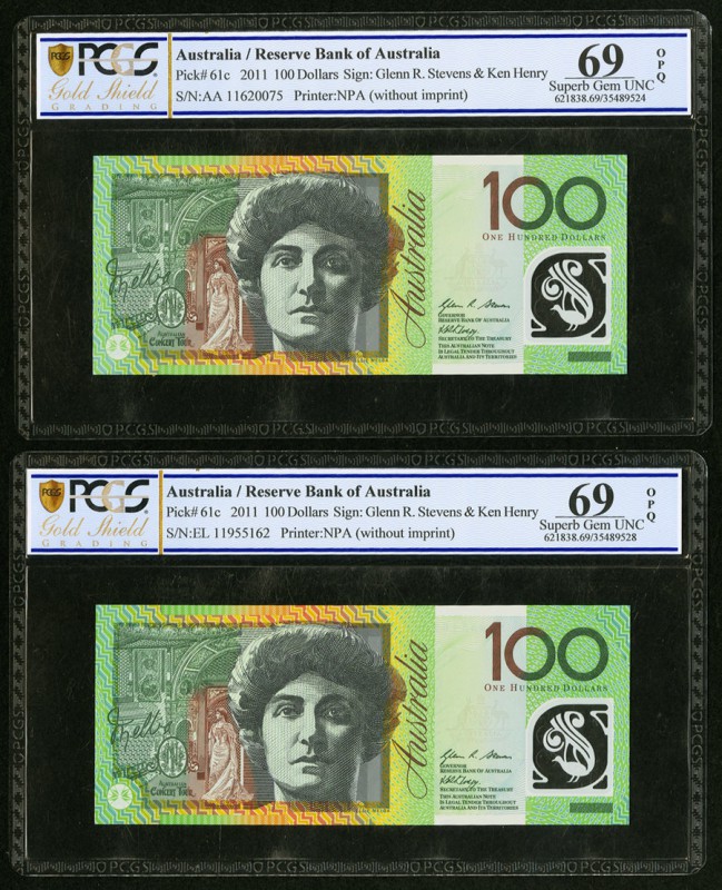 Australia Reserve Bank of Australia 100 Dollars 2011 Pick 61c Two Examples PCGS ...
