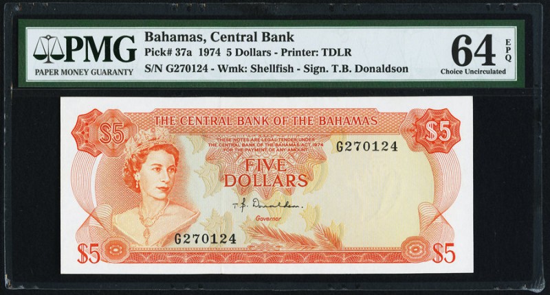 Bahamas Central Bank of the Bahamas 5 Dollars 1974 Pick 37a PMG Choice Uncircula...