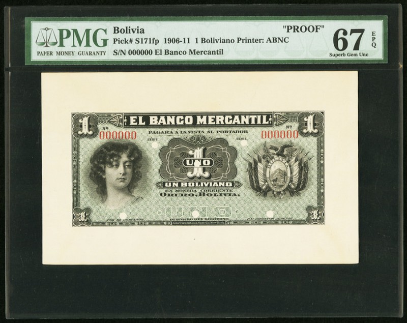 Bolivia Banco Mercantil 1 Boliviano 1906-11 Pick S171fp Proof PMG Superb Gem Unc...