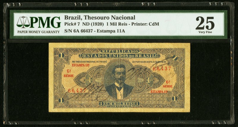 Brazil Thesouro Nacional 1 Mil Reis ND (1920) Pick 7 PMG Very Fine 25. 

HID0980...