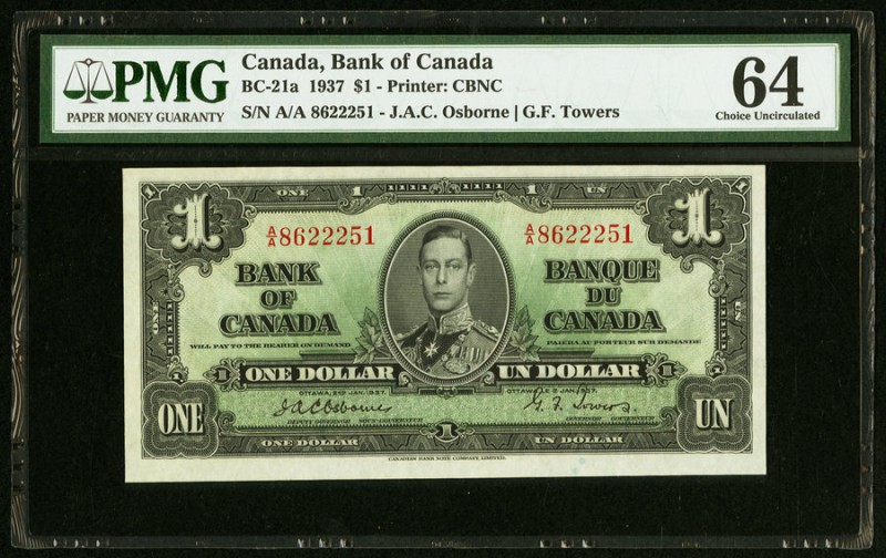 Canada Bank of Canada 1 Dollars 2.1.1937 BC-21a PMG Choice Uncirculated 64. 

HI...