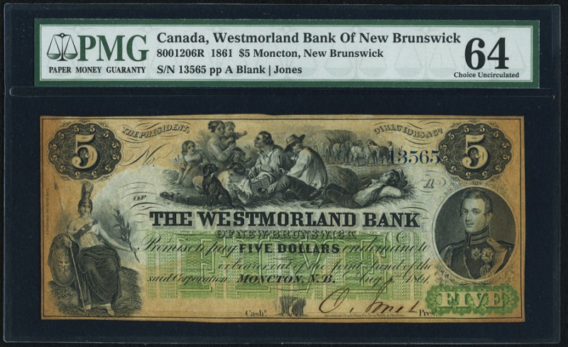 Canada Moncton, NB- Westmoreland Bank 5 Dollars 1861 Ch.# 800-12-06R PMG Choice ...