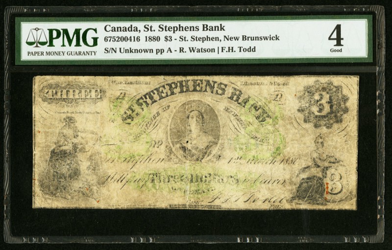 Canada St. Stephen, NB- St. Stephens Bank 3 Dollars 1.3.1880 Ch.# 675-20-04-16 P...