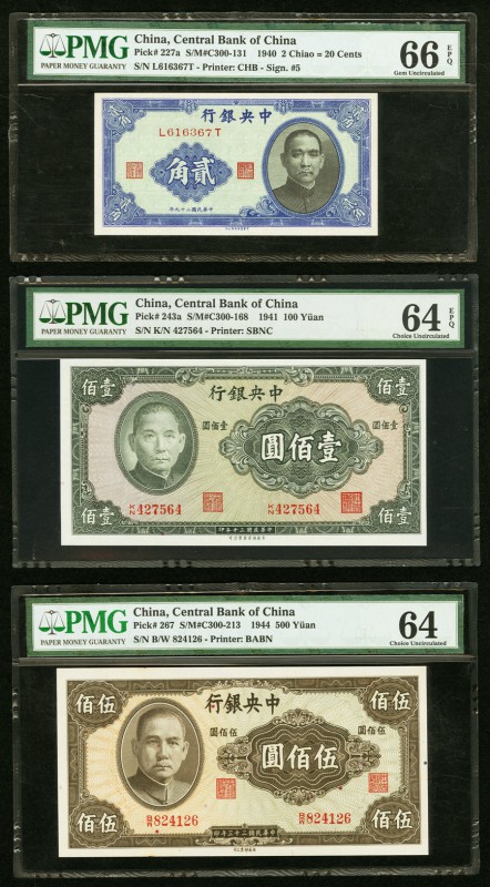 China Central Bank of China 2 Chiao = 20 Cents; 100; 500 Yuan 1940; 1941; 1944 P...