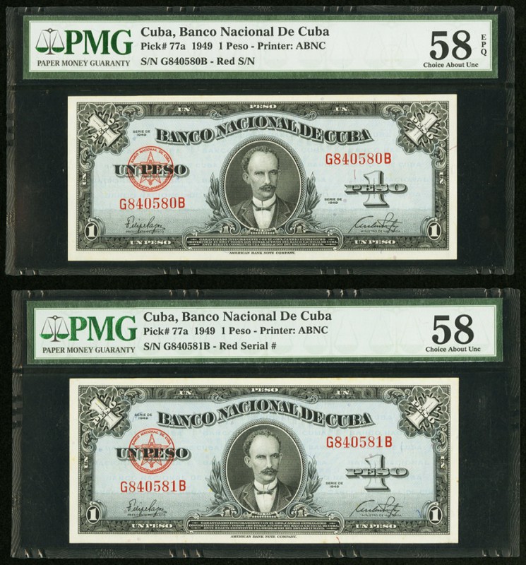 Cuba Banco Nacional de Cuba 1 Peso 1949 Pick 77a Two Consecutive Examples PMG Ch...