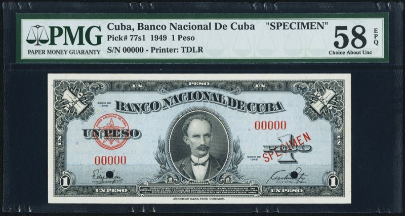 Cuba Banco Nacional de Cuba 1 Peso 1949 Pick 77s1 Specimen PMG Choice About Unc ...