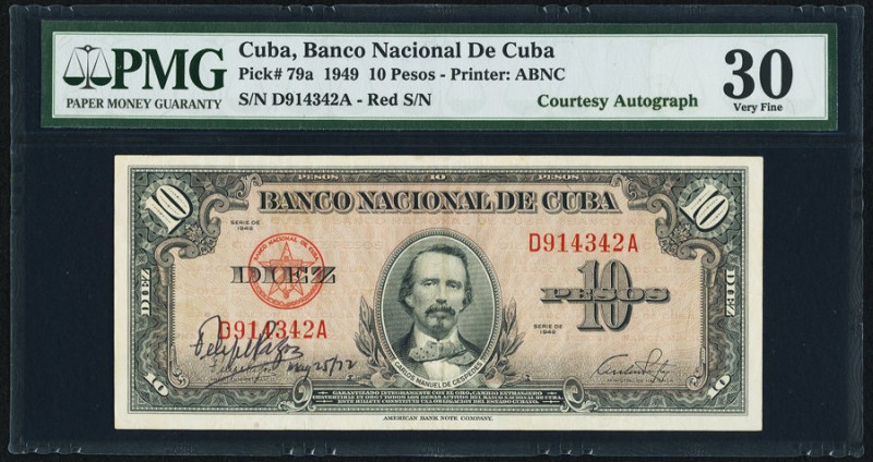 Cuba Banco Nacional de Cuba 10 Pesos 1949 Pick 79a "Courtesy Autograph" PMG Very...