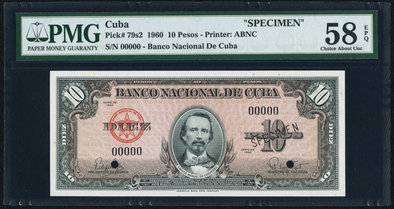 Cuba Banco Nacional de Cuba 10 Pesos 1960 Pick 79s2 Specimen PMG Choice About Un...