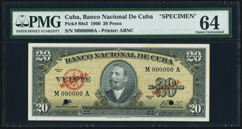 Cuba Banco Nacional de Cuba 20 Pesos 1960 Pick 80s3 Specimen PMG Choice Uncircul...