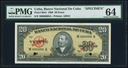 Cuba Banco Nacional de Cuba 20 Pesos 1960 Pick 80s3 Specimen PMG Choice Uncirculated 64. Two POCs.

HID09801242017