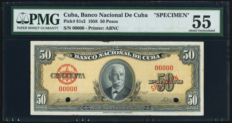 Cuba Banco Nacional de Cuba 50 Pesos 1958 Pick 81s1 Specimen PMG About Uncircula...