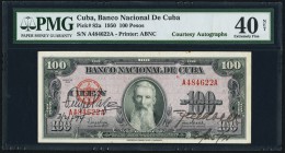Cuba Banco Nacional de Cuba 100 Pesos 1950 Pick 82a "Courtesy Autographs" PMG Extremely Fine 40 Net, rust. Autographed in exile by Felipe Pazos Roque,...