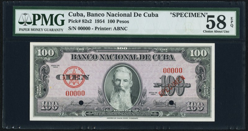 Cuba Banco Nacional de Cuba 100 Pesos 1954 Pick 82s2 Specimen PMG Choice About U...