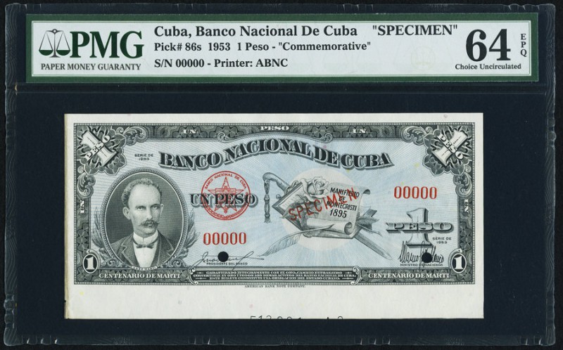 Cuba Banco Nacional de Cuba 1 Peso 1953 Pick 86s Commemorative Specimen PMG Choi...