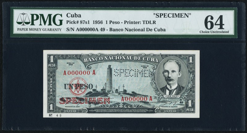 Cuba Banco Nacional de Cuba 1 Peso 1956 Pick 87s1 Specimen PMG Choice Uncirculat...