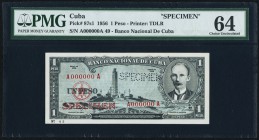 Cuba Banco Nacional de Cuba 1 Peso 1956 Pick 87s1 Specimen PMG Choice Uncirculated 64. Roulette Specimen cancel.

HID09801242017