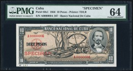 Cuba Banco Nacional de Cuba 10 Pesos 1956 Pick 88s1 Specimen PMG Choice Uncirculated 64. Roulette Specimen cancel.

HID09801242017