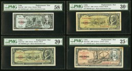 Four Replacements from Banco Nacional de Cuba, PMG Graded. 1 Peso 1959 Pick 90* PMG Choice About Unc 58 NET, stain. 5 Pesos 1958; 1960 Pick 91c* (2) P...
