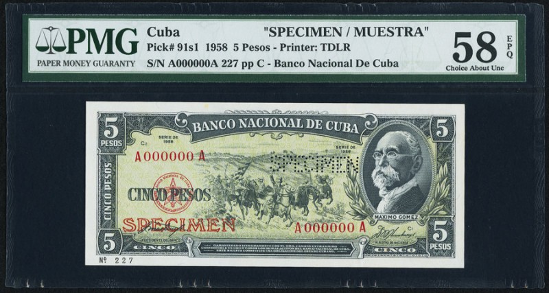 Cuba Banco Nacional de Cuba 5 Pesos 1958 Pick 91s1 Specimen PMG Choice About Unc...