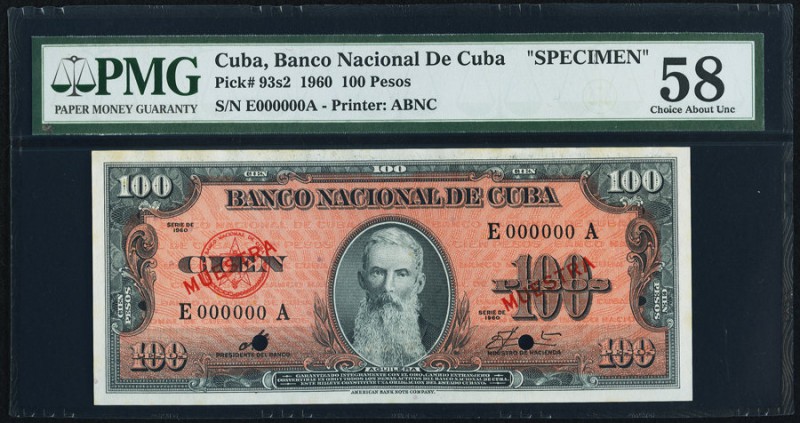 Cuba Banco Nacional de Cuba 100 Pesos 1960 Pick 93s2 Specimen PMG Choice About U...