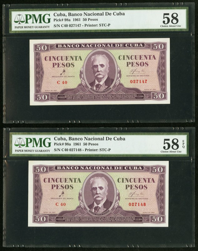 Cuba Banco Nacional de Cuba 50 Pesos 1961 Pick 98a Two Consecutive Examples PMG ...