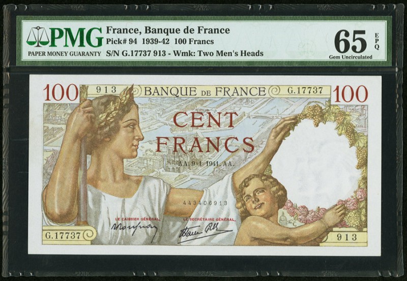 France Banque de France 100 Francs 9.1.1941 Pick 94 three Consecutive Examples P...