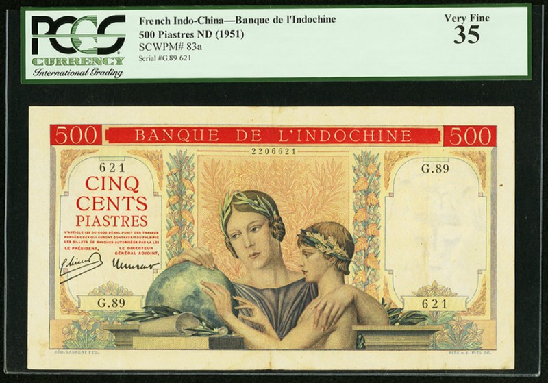 French Indochina Banque de l'Indo-Chine 500 Piastres ND (1951) Pick 83a PCGS Ver...