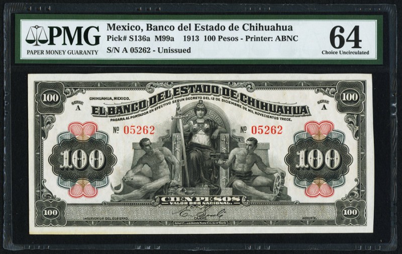 Mexico Banco del Estado de Chihuahua 100 Pesos 1913 Pick S136a PMG Choice Uncirc...