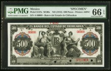 Mexico Banco del Estado de Chihuahua 500 Pesos ND (1913) Pick S137s Specimen PMG Gem Uncirculated 66 EPQ. Three POCs.

HID09801242017