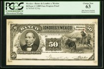 Mexico Banco de Londres y Mexico 50 Pesos 1.7.1889 Pick S236p Face Progressive Proof PCGS Choice New 63. Hole punch cancelled; mounted on cardstock.

...