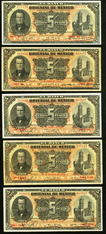 Mexico Banco Oriental de Mexico 5 Pesos 1910-1914 Pick S381c Group of 5 Very Fin...