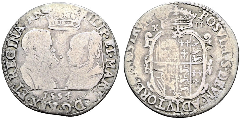 AR Shilling (32mm, 5.80 g, 8h). London mint. Dated 1554. Confronted busts of Phi...