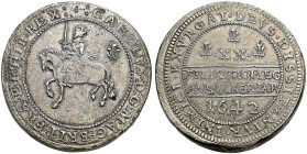 AR Pound (51mm, 119.89 g, 10h). Declaration type. Shrewsbury mint. Dated 1642. Charles on horseback left, holding sword and reins; plume to right / RE...