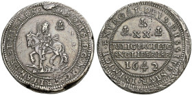 AR Pound (50mm, 116.66 g, 6h). Declaration type. Shrewsbury mint. Dated 1642. Charles on horseback left, holding sword and reins, trampling pile of ar...