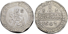 AR Half Pound (46mm, 61.09 g, 4h). Declaration type. Shrewsbury mint. Dated 1642. Charles on horseback left, holding sword and reins; plume to right /...