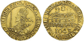 AV Unite (37mm, 8.88 g, 4h). Declaration type. Oxford mint; im: plume/–. Dated 1643. Crowned bust left, holding olive branch; XX (mark of value) to ri...