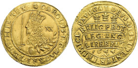 AV Unite (31mm, 9.15 g, 9h). Declaration type. Oxford mint; im: plume/–. Dated 1644. Crowned bust left, holding olive branch; XX (mark of value) to ri...