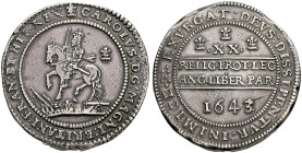 AR Pound (52mm, 120.08 g, 10h). Declaration type. Oxford mint; mm: plume/–. Dated 1643/2. Charles on horseback left, holding sword and reins, tramplin...