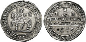 AR Crown (44mm, 28.98 g, 10h). Declaration type. Oxford mint; mm: plume/–. Dated 1643. Charles on horseback left, holding sword and reins; plume to ri...