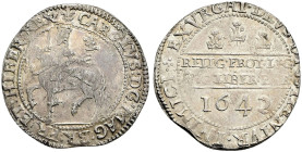 AR Halfcrown (37mm, 15.07 g, 10h). Declaration type. Oxford mint; im: plume/–. Dated 1642. Charles on horseback left, holding sword and reins; plume t...