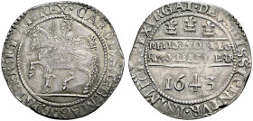AR Halfcrown (37mm, 15.11 g, 12h). Declaration type. Oxford mint; im: –. Dated 1643. Charles on horseback left, holding sword and reins; plume to righ...