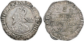 AR Shilling (34mm, 6.15 g, 2h). Declaration type. Oxford mint; im: plume/–. Dated 1642. Crowned bust left; XII (mark of value) to right / RELIG : PROT...
