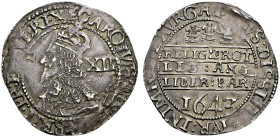 AR Shilling (31mm, 5.82 g, 2h). Declaration type. Oxford mint; im: plume/–. Dated 1643. Crowned bust left; XII (mark of value) to right / RELIG : PROT...