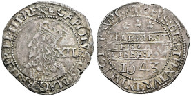 AR Shilling (32mm, 6.16 g, 8h). Declaration type. Oxford mint; im: plume/–. Dated 1643. Crowned bust left; XII (mark of value) to right / RELIG : PROT...